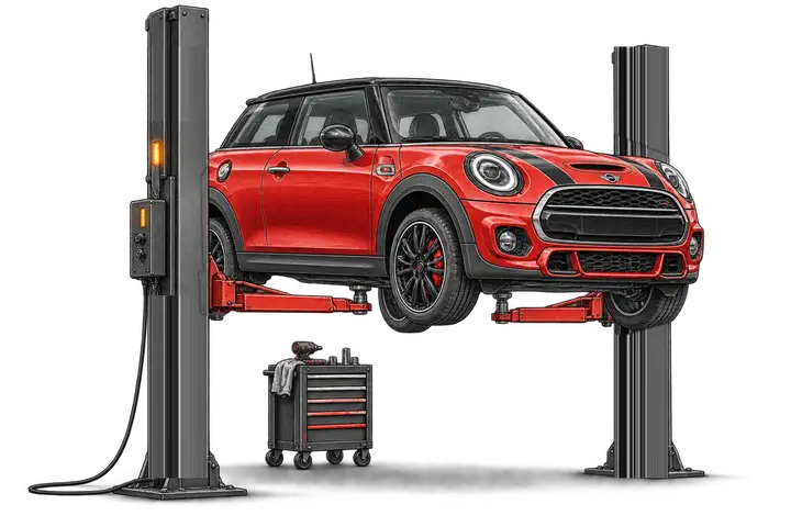 MINI Cooper di atas lift bengkel resmi Plaza MINI